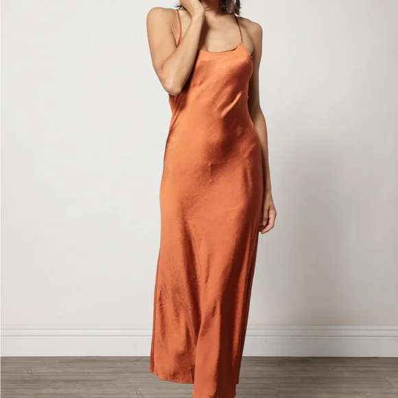 NWT BCBGeneration Silky Satin Cooper Rose Rust Slip Maxi Dress Medium - Picture 5 of 12